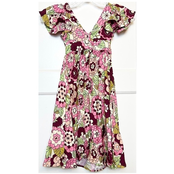 DODO BAR OR Kids Retro 70s Floral V-Neck Ruffle Short Sleeve Flare Skirt Dress 2 - Picture 4 of 9